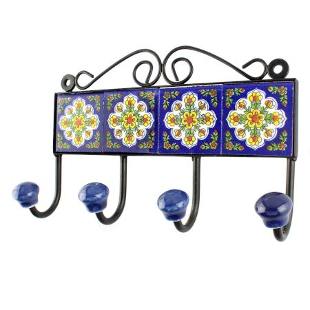 Navy Blue With White Ceramic Floral Tiles Hook 